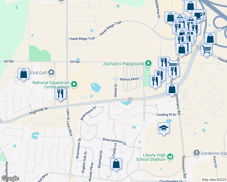 map of restaurants, bars, coffee shops, grocery stores, and more near 1138 Welsh Drive in Lake Saint Louis