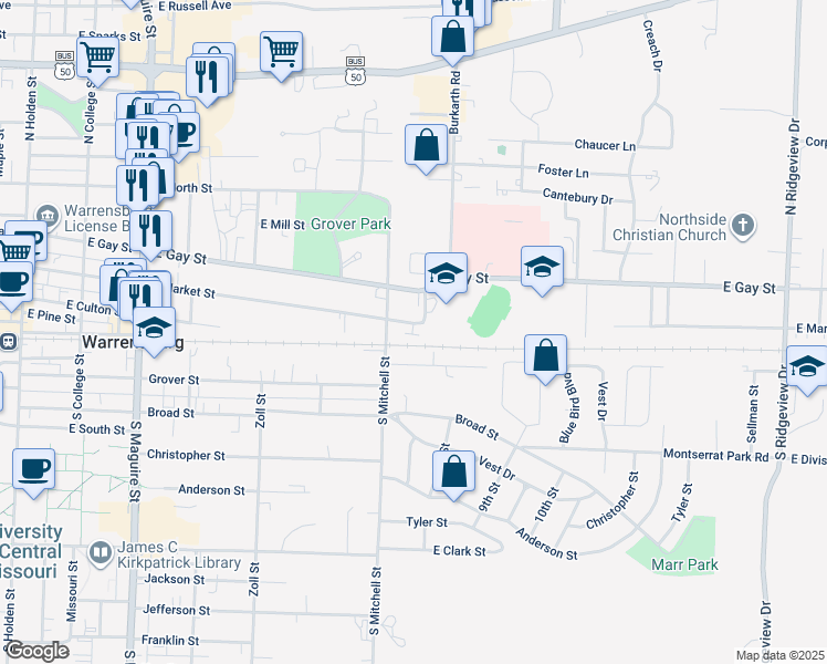 map of restaurants, bars, coffee shops, grocery stores, and more near 508 East Market Street in Warrensburg