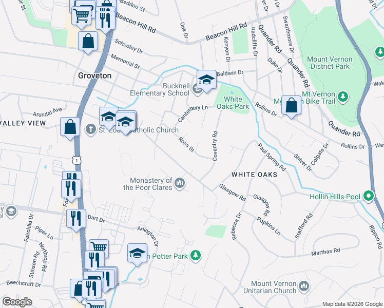 map of restaurants, bars, coffee shops, grocery stores, and more near 2413 Ross Street in Alexandria