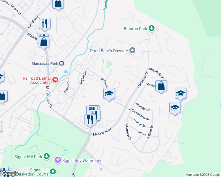 map of restaurants, bars, coffee shops, grocery stores, and more near 9410 Black Hawk Court in Manassas Park