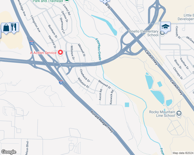 map of restaurants, bars, coffee shops, grocery stores, and more near 1607 Maxwell Street in Colorado Springs