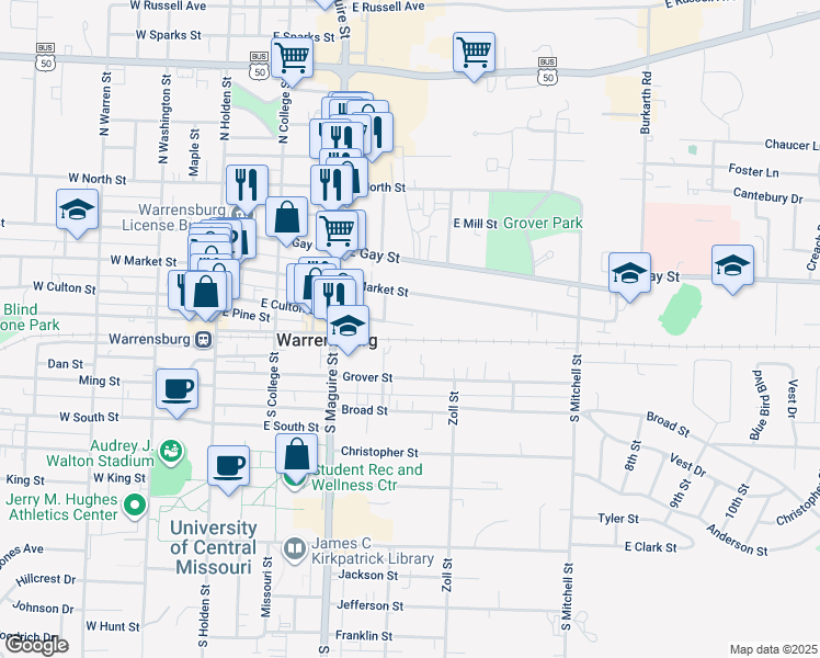 map of restaurants, bars, coffee shops, grocery stores, and more near 408 East Culton Street in Warrensburg
