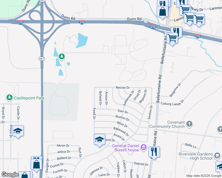 map of restaurants, bars, coffee shops, grocery stores, and more near 10547 Anson Drive in St. Louis