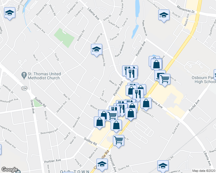 map of restaurants, bars, coffee shops, grocery stores, and more near 8901 Hill Place in Manassas