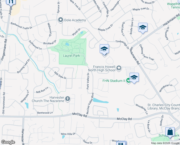 map of restaurants, bars, coffee shops, grocery stores, and more near 2845 McClay Valley Boulevard in St. Peters