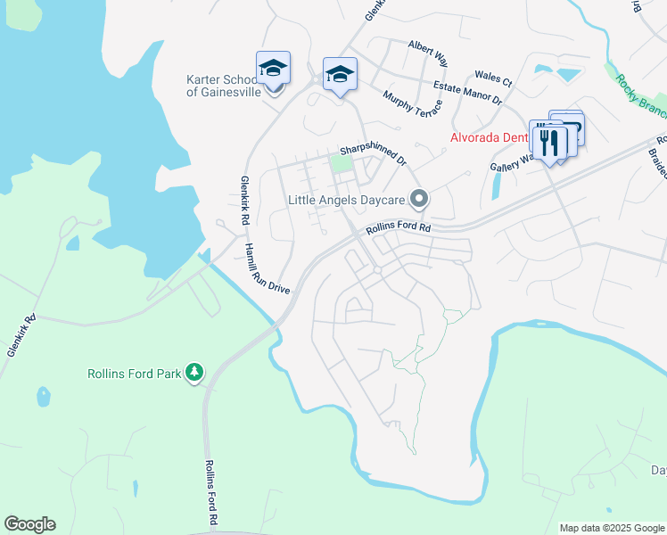 map of restaurants, bars, coffee shops, grocery stores, and more near 14217 Ladderbacked Drive in Gainesville