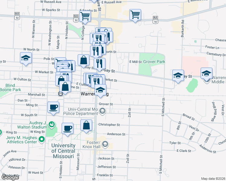 map of restaurants, bars, coffee shops, grocery stores, and more near 402 East Culton Street in Warrensburg