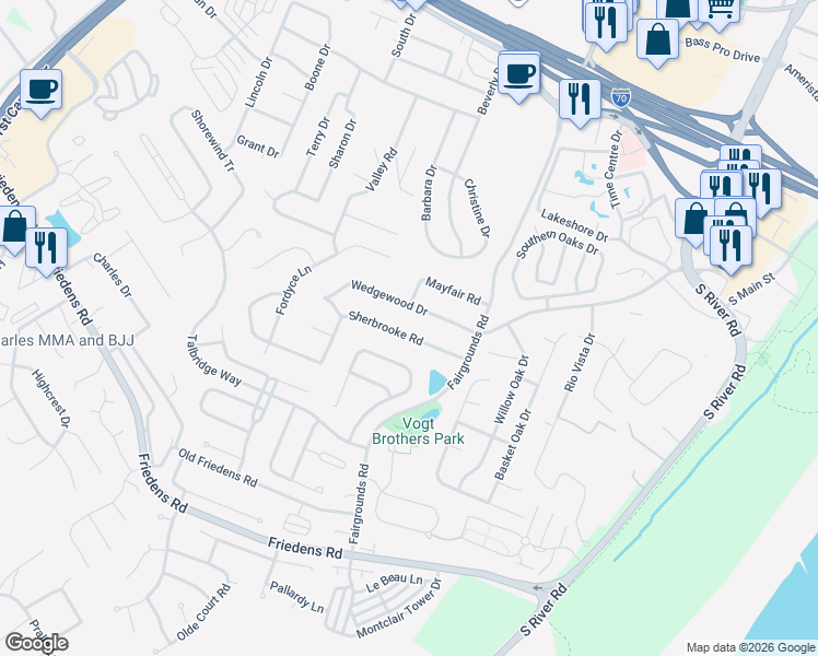 map of restaurants, bars, coffee shops, grocery stores, and more near 1034 Sherbrooke Road in Saint Charles