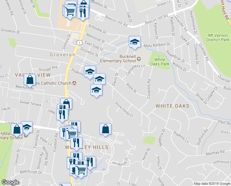 map of restaurants, bars, coffee shops, grocery stores, and more near 2607 Popkins Lane in Alexandria