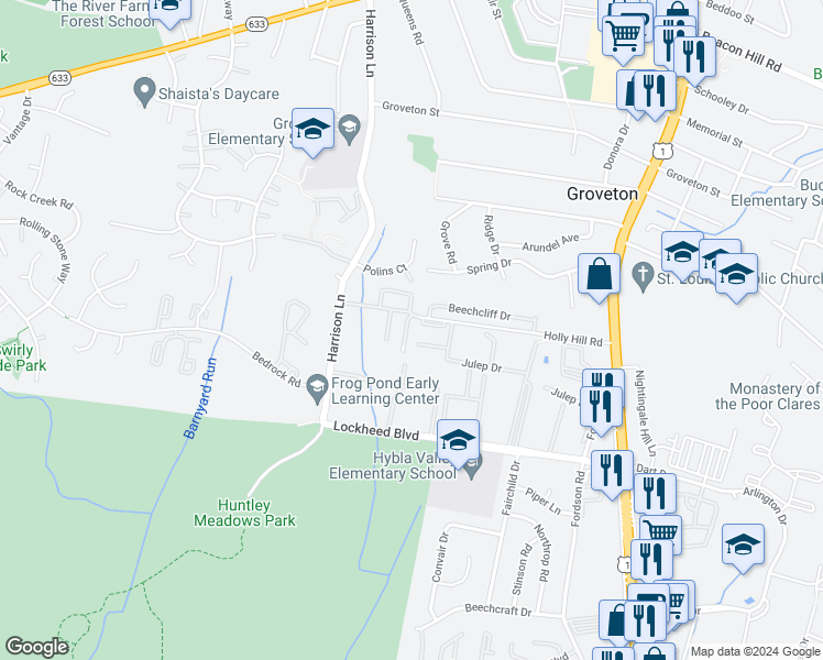 map of restaurants, bars, coffee shops, grocery stores, and more near 7117 Mason Grove Court in Alexandria