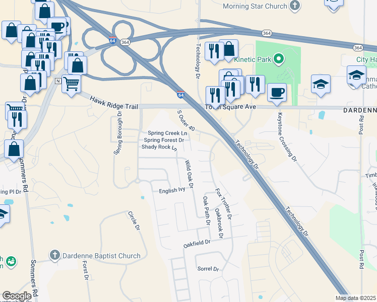 map of restaurants, bars, coffee shops, grocery stores, and more near 15203 Spring Creek Lane in O'Fallon