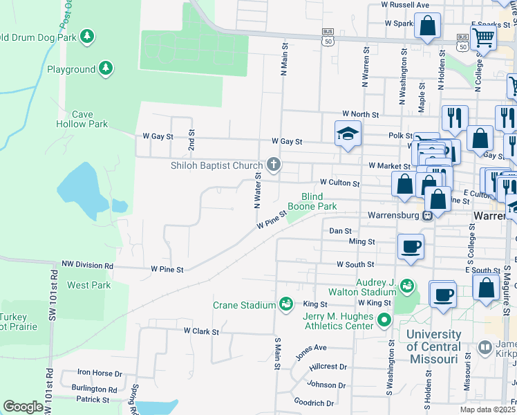 map of restaurants, bars, coffee shops, grocery stores, and more near 109B North Water Street in Warrensburg