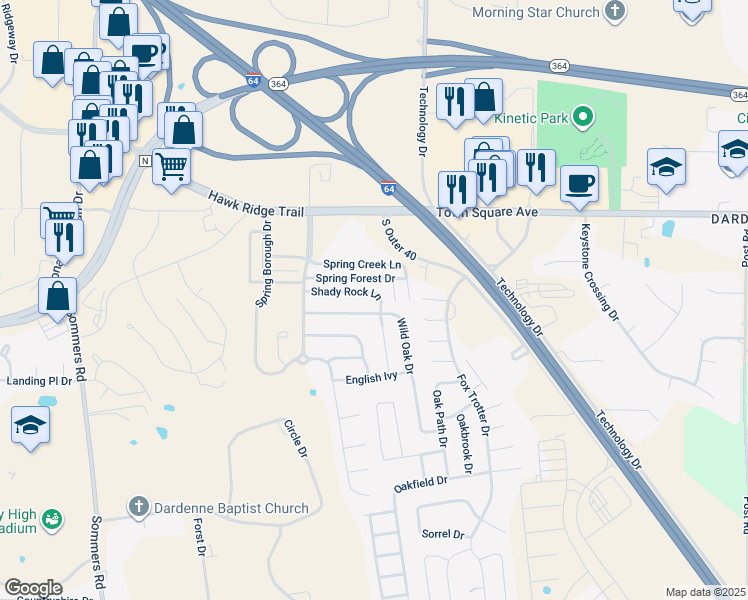 map of restaurants, bars, coffee shops, grocery stores, and more near 254 Shady Rock Lane in O'Fallon