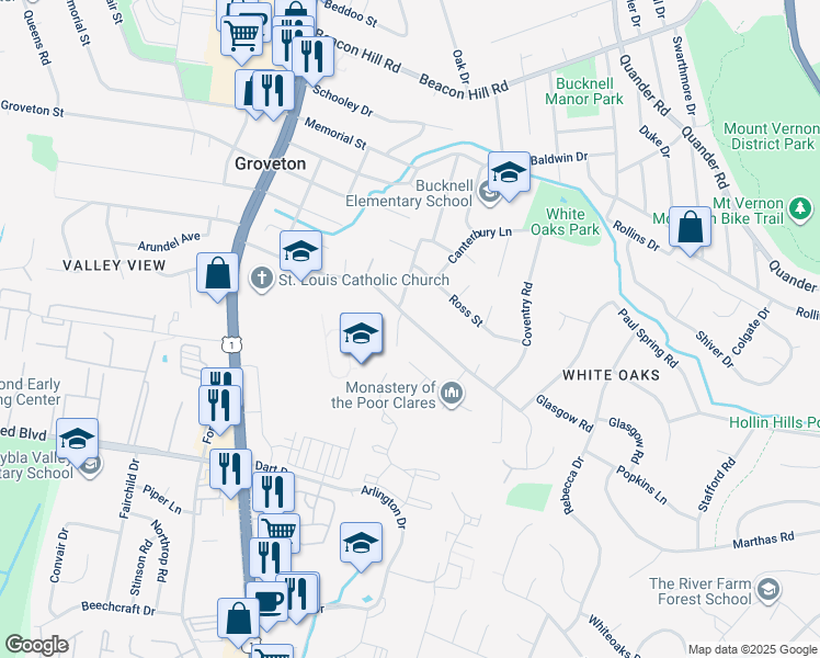 map of restaurants, bars, coffee shops, grocery stores, and more near 2607 Popkins Lane in Alexandria