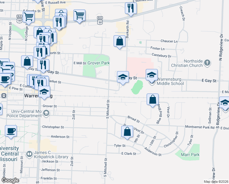 map of restaurants, bars, coffee shops, grocery stores, and more near 506 East Market Street in Warrensburg