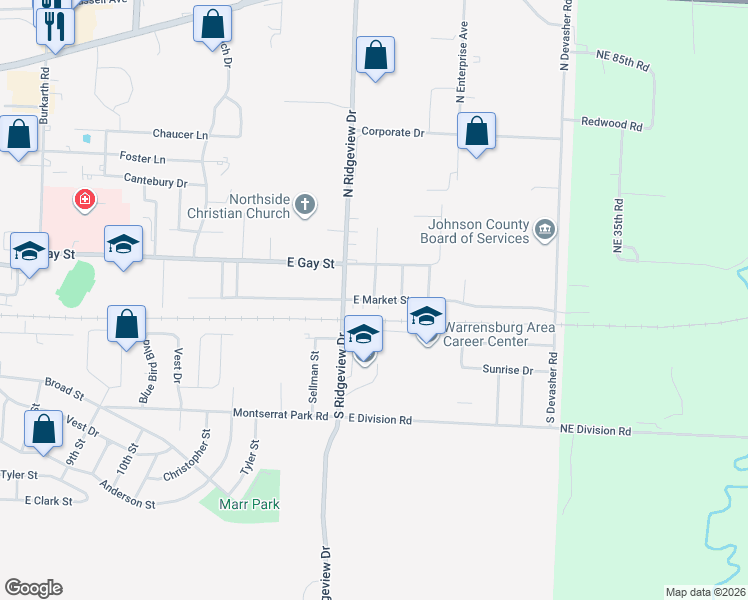 map of restaurants, bars, coffee shops, grocery stores, and more near 908 East Market Street in Warrensburg