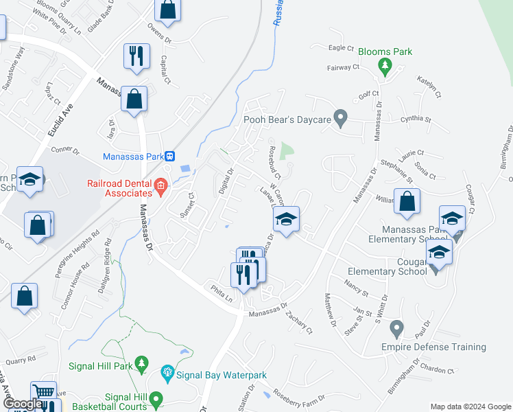 map of restaurants, bars, coffee shops, grocery stores, and more near 9419 Wilcoxen Drive in Manassas Park
