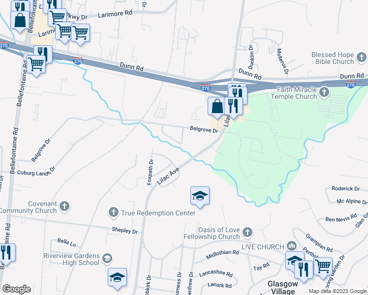 map of restaurants, bars, coffee shops, grocery stores, and more near 10734 Runningbrook Drive in St. Louis