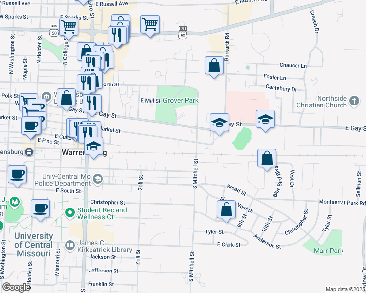 map of restaurants, bars, coffee shops, grocery stores, and more near 446 East Market Street in Warrensburg