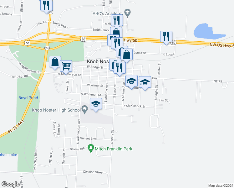 map of restaurants, bars, coffee shops, grocery stores, and more near 100 East Workman Street in Knob Noster