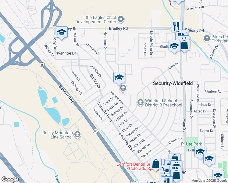 map of restaurants, bars, coffee shops, grocery stores, and more near 1813 Hallam Avenue in Colorado Springs