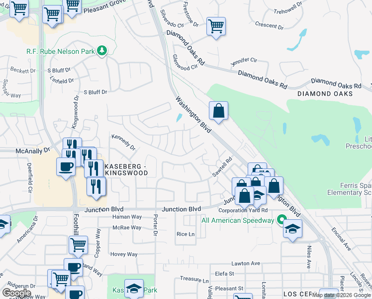 map of restaurants, bars, coffee shops, grocery stores, and more near 221 Lafayette Drive in Roseville