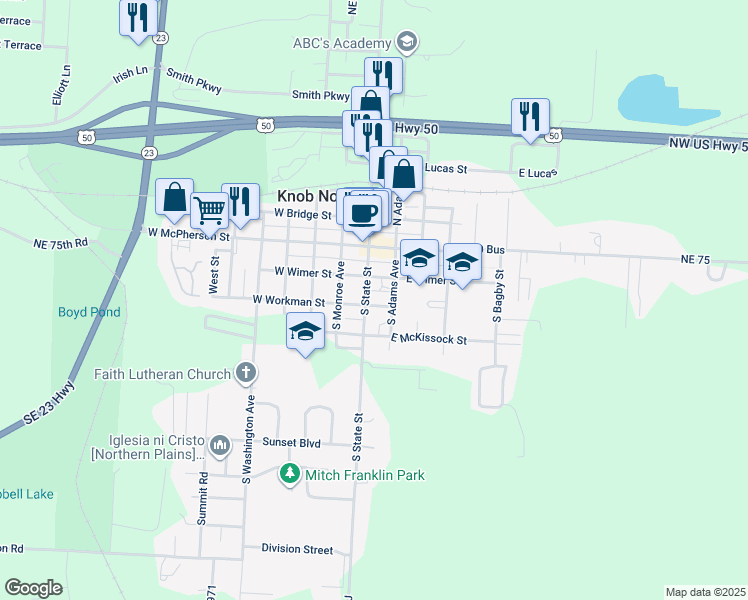 map of restaurants, bars, coffee shops, grocery stores, and more near 100 East Workman Street in Knob Noster