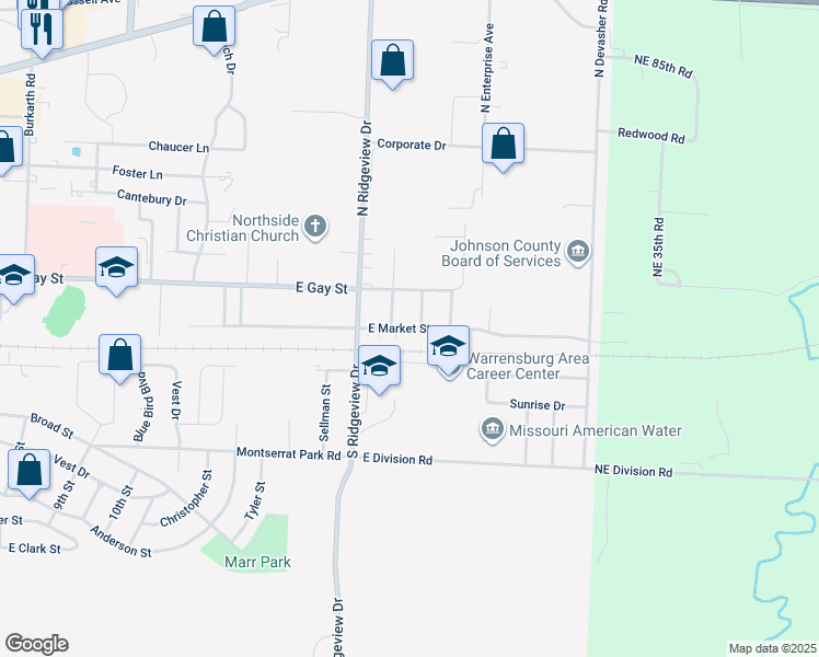 map of restaurants, bars, coffee shops, grocery stores, and more near 926 East Market Street in Warrensburg