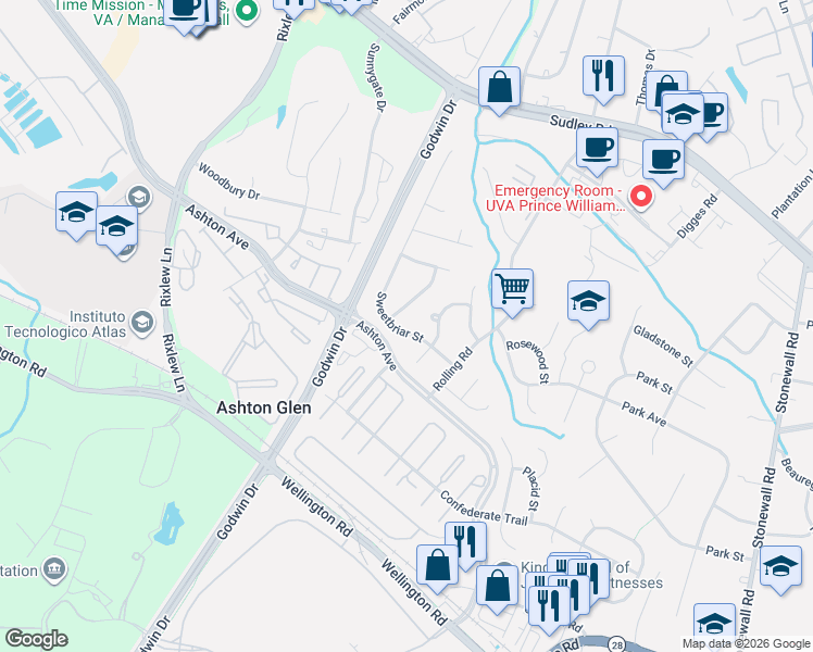 map of restaurants, bars, coffee shops, grocery stores, and more near 8935 Sweetbriar Street in Manassas