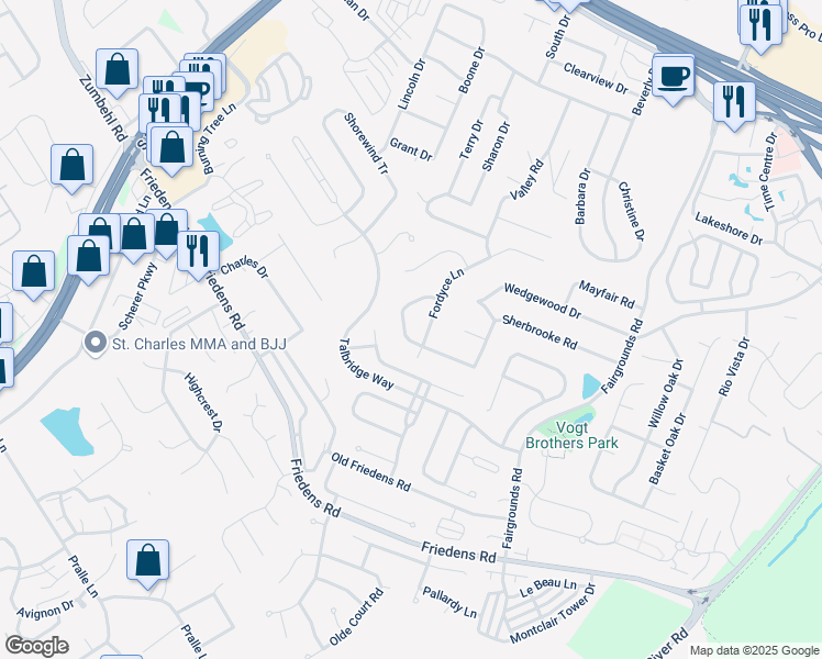 map of restaurants, bars, coffee shops, grocery stores, and more near 1304 Sherbrooke Road in Saint Charles