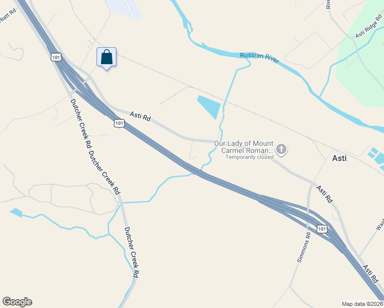 map of restaurants, bars, coffee shops, grocery stores, and more near 26631 Old Redwood Highway in Cloverdale