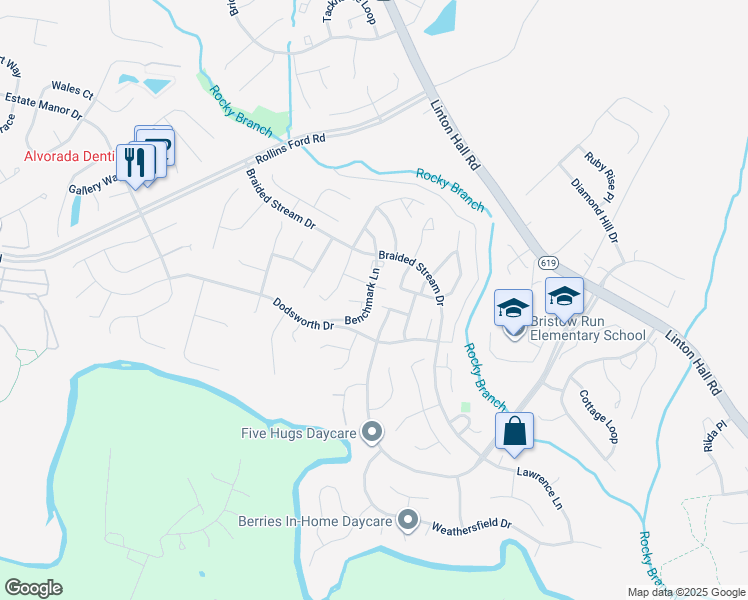 map of restaurants, bars, coffee shops, grocery stores, and more near 8921 Benchmark Lane in Bristow