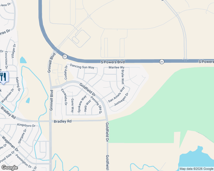 map of restaurants, bars, coffee shops, grocery stores, and more near 6262 Dancing Sky Drive in Colorado Springs