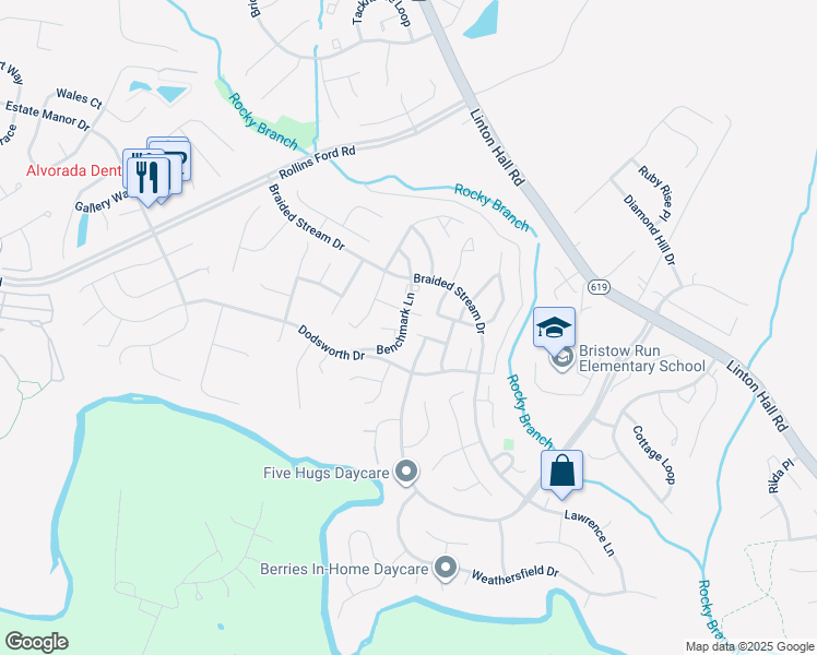 map of restaurants, bars, coffee shops, grocery stores, and more near 8921 Benchmark Lane in Bristow