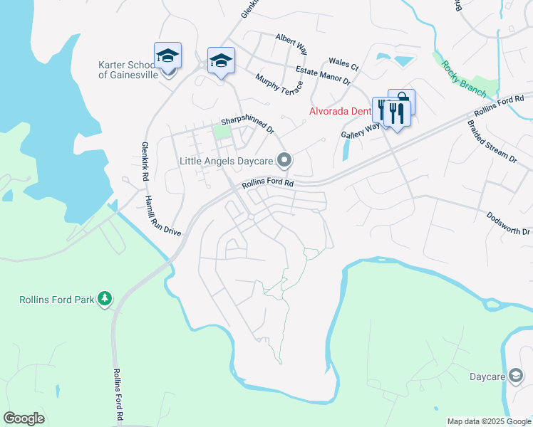 map of restaurants, bars, coffee shops, grocery stores, and more near 14273 Catbird Drive in Gainesville