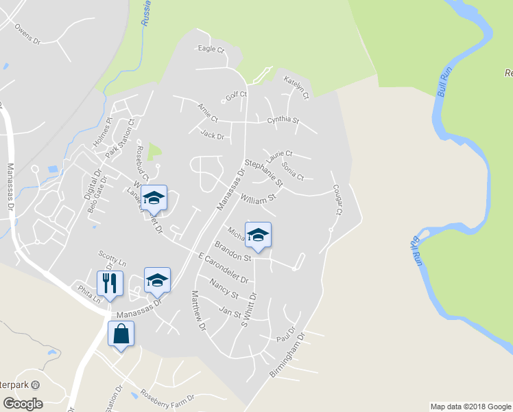 map of restaurants, bars, coffee shops, grocery stores, and more near 9300 Bradley Court in Manassas Park