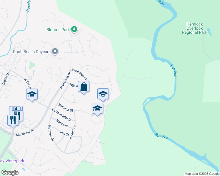 map of restaurants, bars, coffee shops, grocery stores, and more near 9302 Cougar Ct in Manassas Park