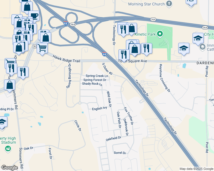map of restaurants, bars, coffee shops, grocery stores, and more near 15102 Spring Creek Lane in O'Fallon