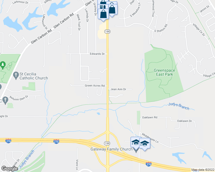 map of restaurants, bars, coffee shops, grocery stores, and more near Troy Road in Glen Carbon