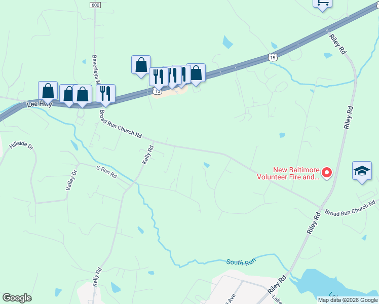 map of restaurants, bars, coffee shops, grocery stores, and more near 5023 Broad Run Church Road in Warrenton