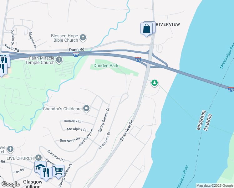 map of restaurants, bars, coffee shops, grocery stores, and more near 10877 Spring Garden Drive in St. Louis