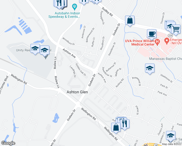 map of restaurants, bars, coffee shops, grocery stores, and more near 10656 Meadow Grove Court in Manassas