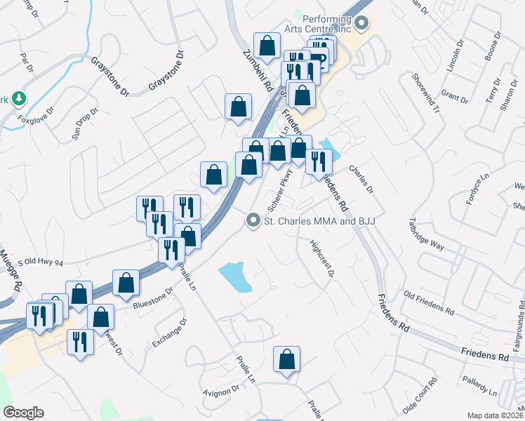 map of restaurants, bars, coffee shops, grocery stores, and more near 1864-1900 Scherer Pkwy in St Charles