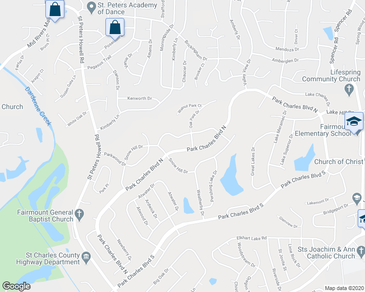 map of restaurants, bars, coffee shops, grocery stores, and more near 109 Park Charles Boulevard North in St. Peters