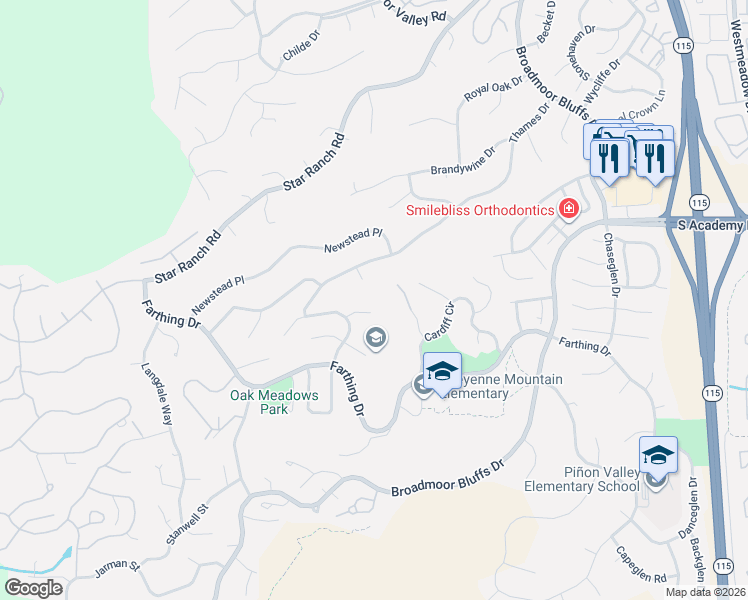 map of restaurants, bars, coffee shops, grocery stores, and more near 150 Rugely Court in Colorado Springs