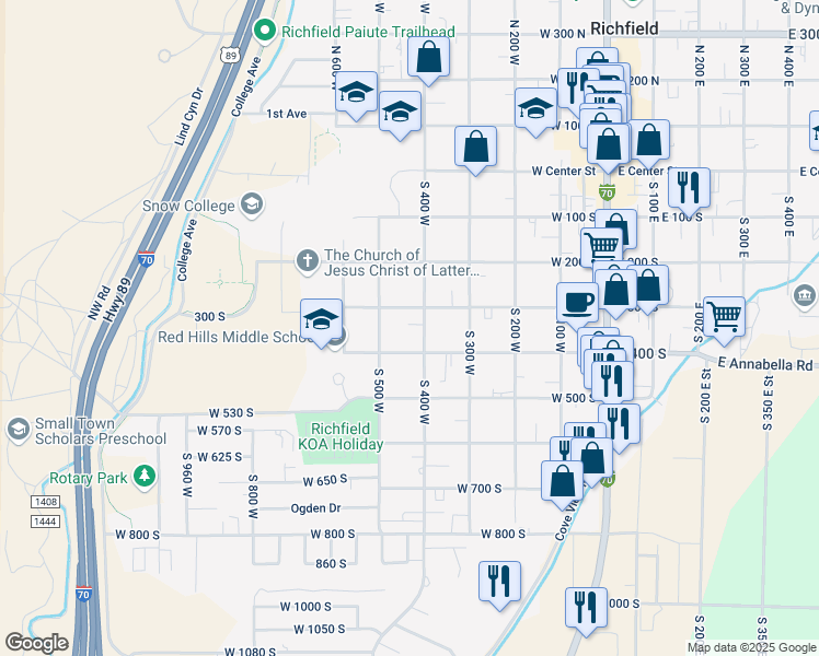 map of restaurants, bars, coffee shops, grocery stores, and more near 375 South 400 West in Richfield