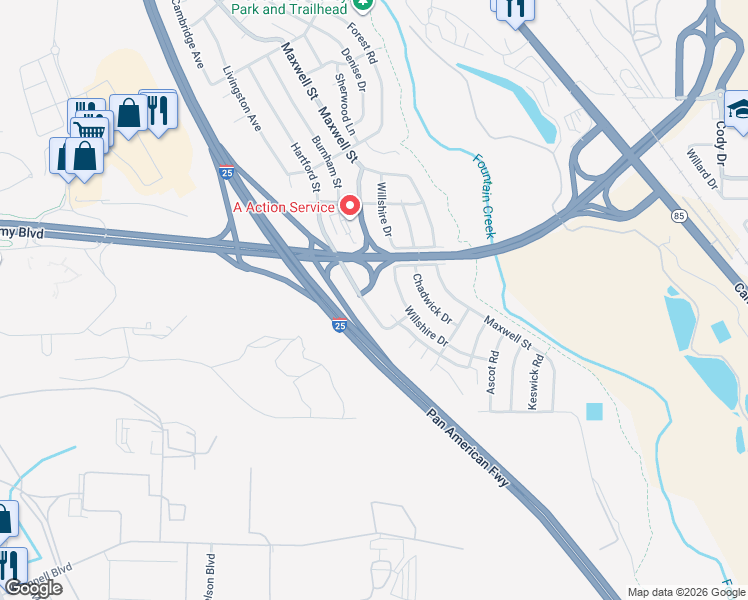 map of restaurants, bars, coffee shops, grocery stores, and more near 1533 Hartford Street in Colorado Springs