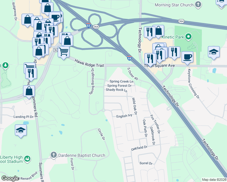 map of restaurants, bars, coffee shops, grocery stores, and more near 222 Shady Rock Lane in O'Fallon