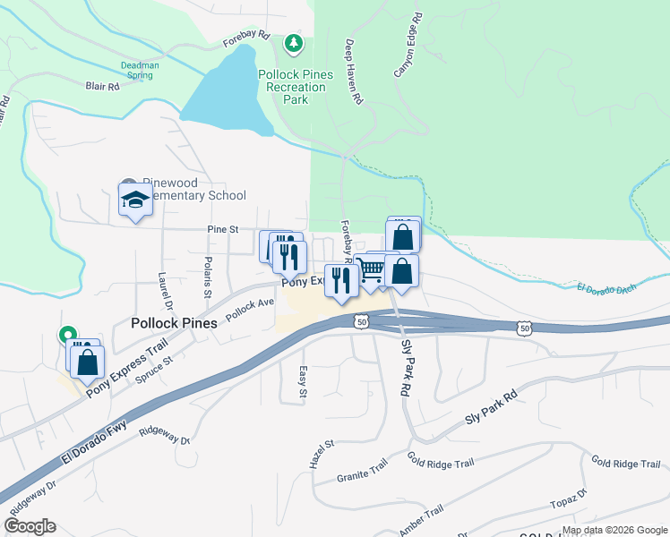 map of restaurants, bars, coffee shops, grocery stores, and more near 14 Rim Street in Pollock Pines