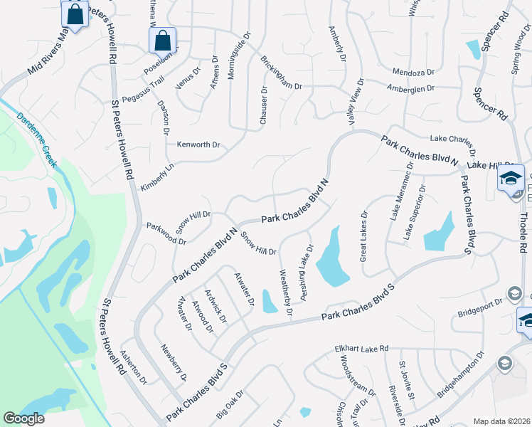 map of restaurants, bars, coffee shops, grocery stores, and more near 109 Park Charles Boulevard North in St. Peters